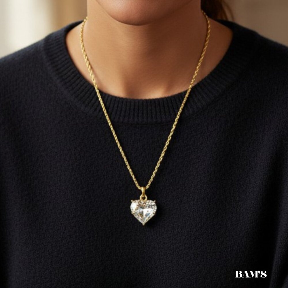 Gold Tone  |Heart Crystal Pendant |Necklace 9.5” Chain Dainty Romantic Statement